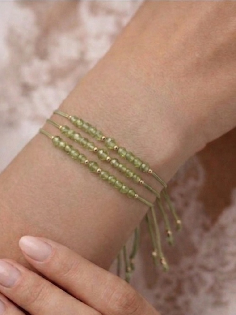 Peridot Bead Adjustable Bracelet - Handmade Minimalist Jewelry - Picture 3 of 5